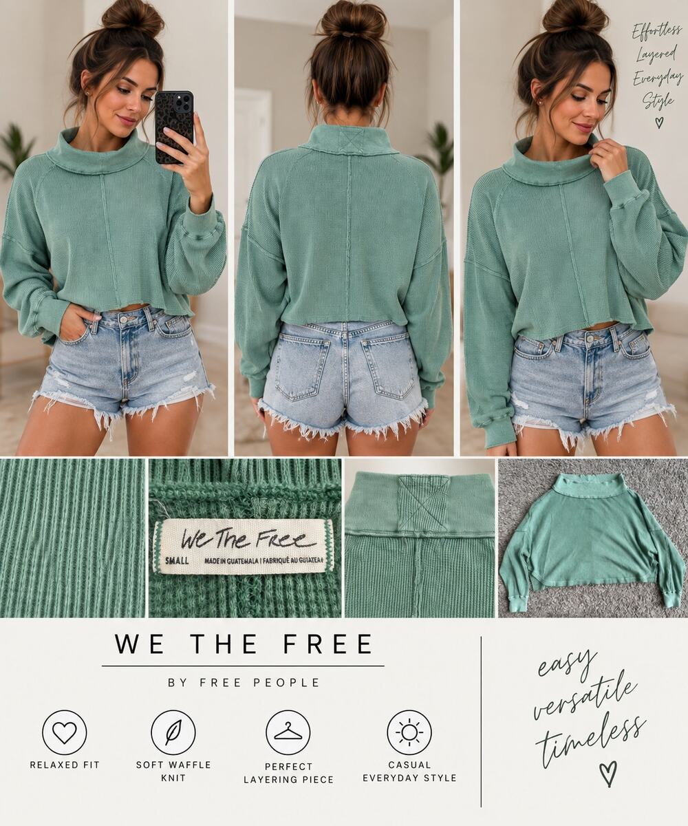 We The Free Free People Green Waffle Knit Mock Neck Cropped Top S